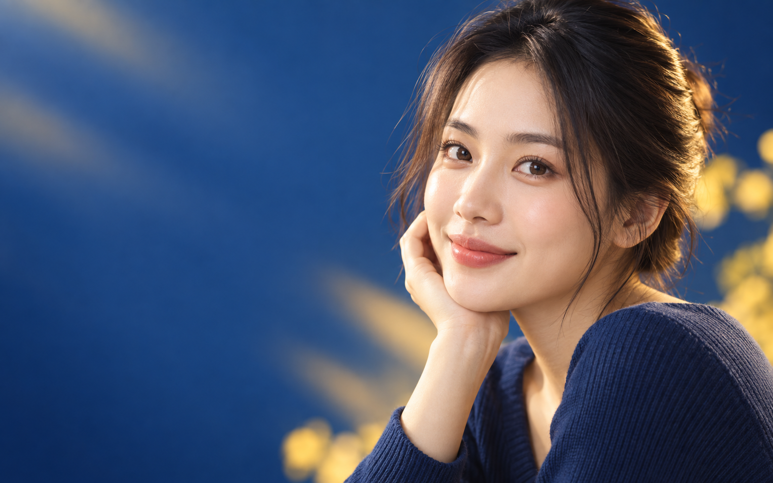 Cô gái đeo kính áp tròng tự nhiên trên nền xanh vàng