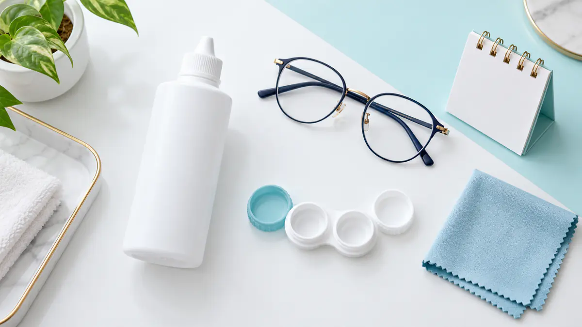 Bộ dung dịch và hộp lens sạch trên bàn chăm sóc
